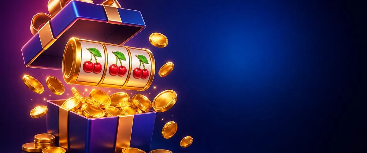 Caja de regalo con monedas y un rodillo de tragamonedas